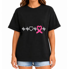 Women's Breast Cancer Awareness Pink Ribbon Heartbeat Heart Graphic T-Shirt