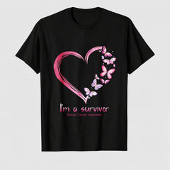 Women's Breast Cancer Awareness Survivor Heart Ribbon Graphic T-Shirt, 100% Cotton Short Sleeve Shirt