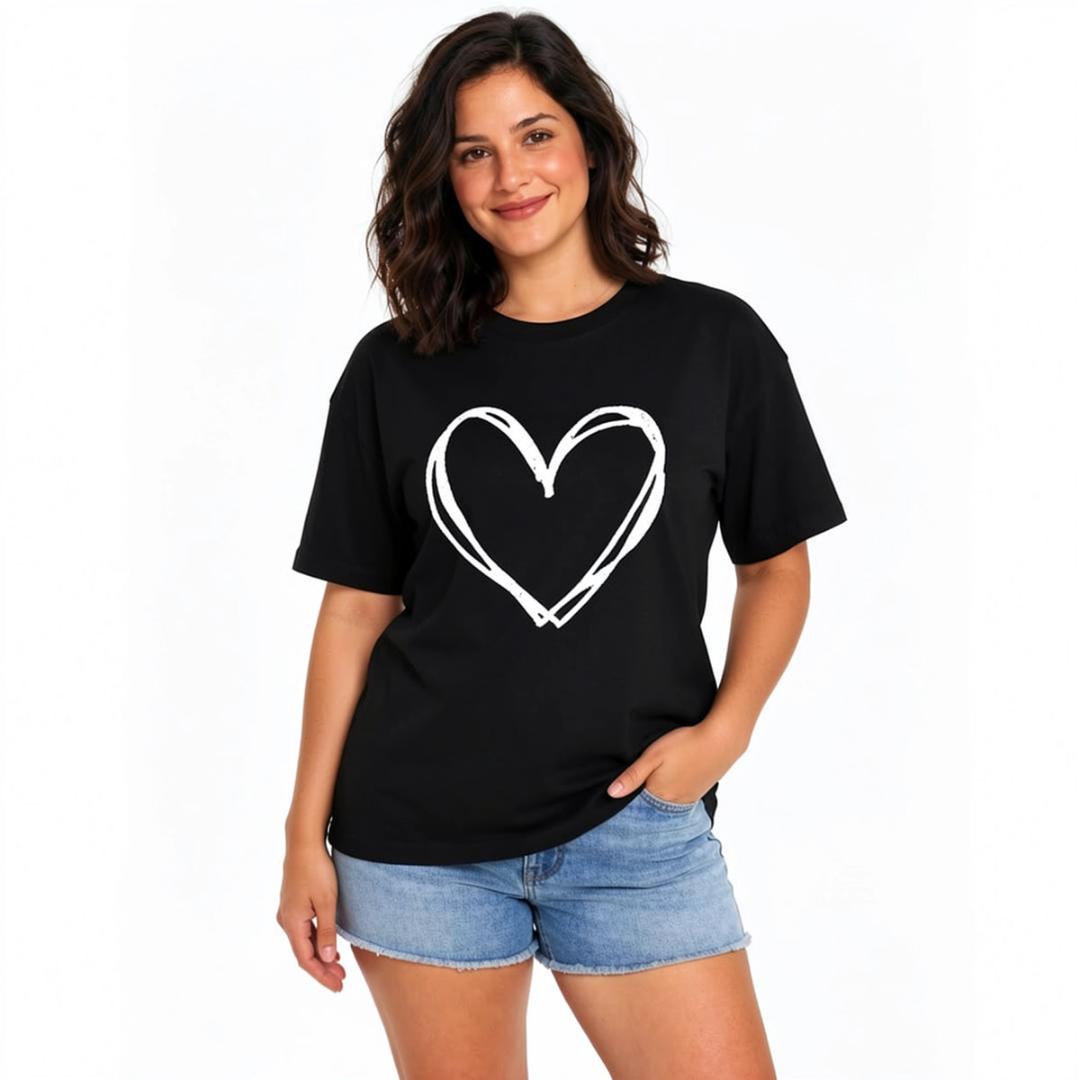 Women's Heart Graphic T-Shirt, Hand-Drawn Love Valentine's Day Tee
