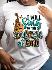 Women's I Will Sing of The Goodness of God T-Shirt Floral Guitar Leopard Print Christian Faith Tee