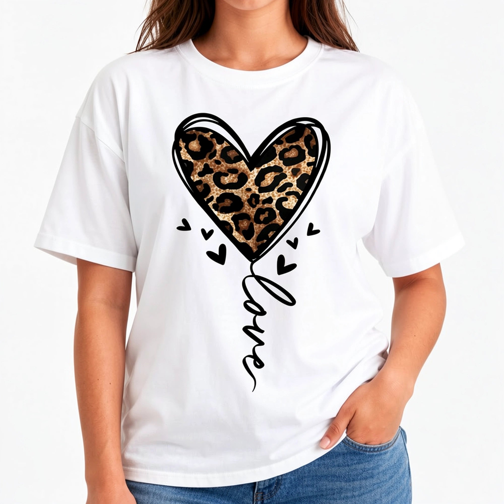 Women's Leopard Heart Balloon Graphic T-Shirt, Animal Print Cotton Crew Neck Casual Tee