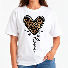 Women's Leopard Heart Balloon Graphic T-Shirt, Animal Print Cotton Crew Neck Casual Tee