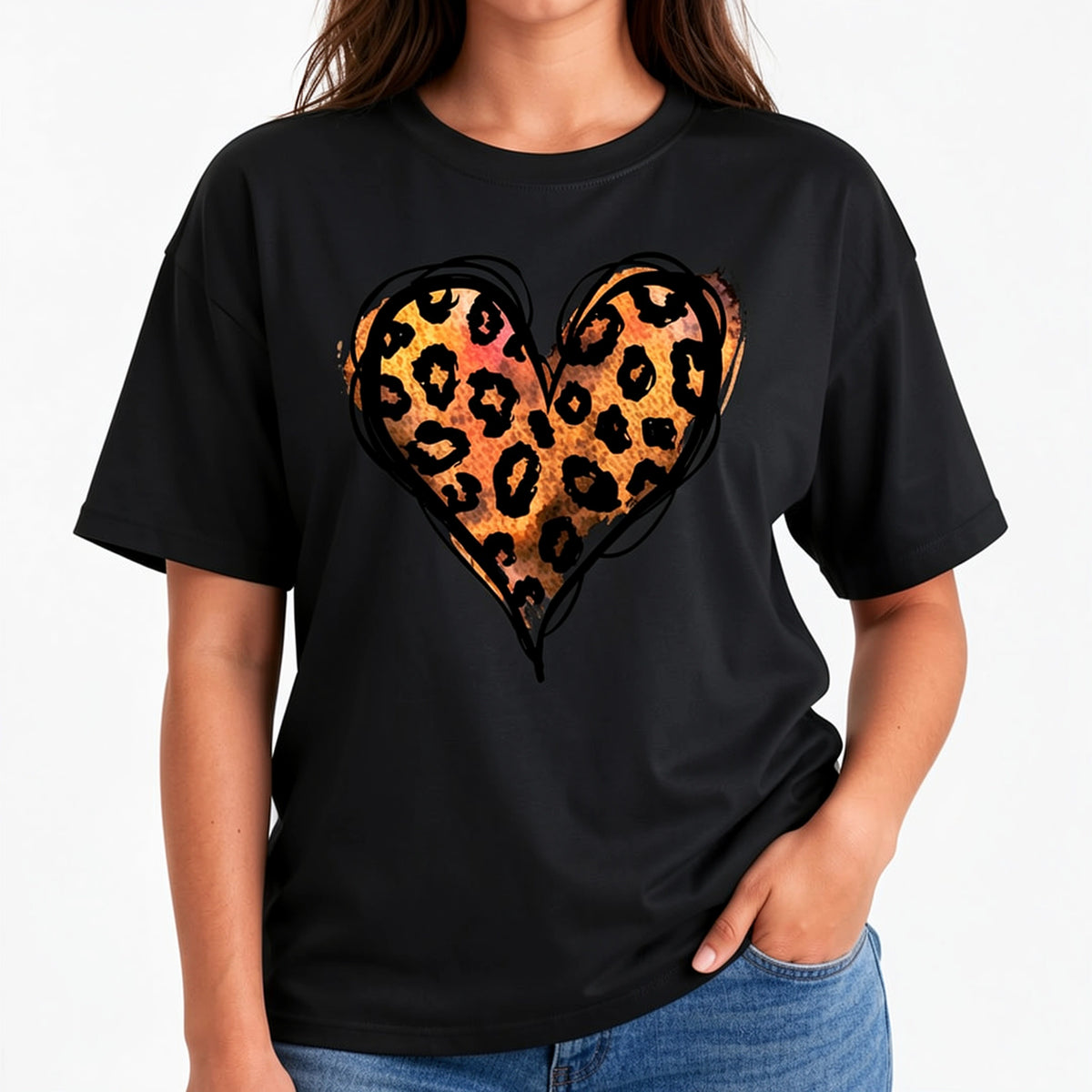 Women's Leopard Heart Graphic T-Shirt, Short Sleeve Crewneck Casual Valentine's Day Tee