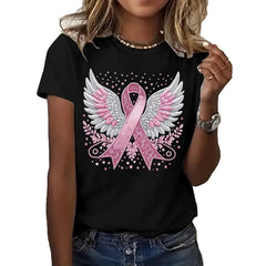 Womens Pink Ribbon Breast Cancer Awareness T-Shirt Angel Wings Pink Ribbon Floral Print Short Sleeve Tops Casual Breast Cancer Graphic Crew Neck Tee