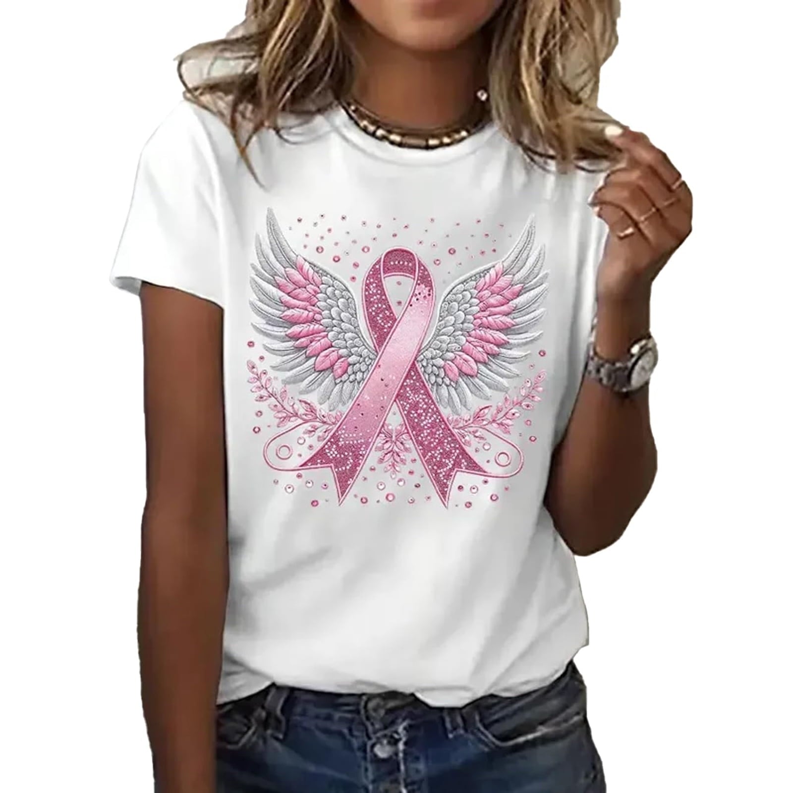 Womens Pink Ribbon Breast Cancer Awareness T-Shirt Angel Wings Pink Ribbon Floral Print Short Sleeve Tops Casual Breast Cancer Graphic Crew Neck Tee
