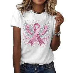 Womens Pink Ribbon Breast Cancer Awareness T-Shirt Angel Wings Pink Ribbon Floral Print Short Sleeve Tops Casual Breast Cancer Graphic Crew Neck Tee