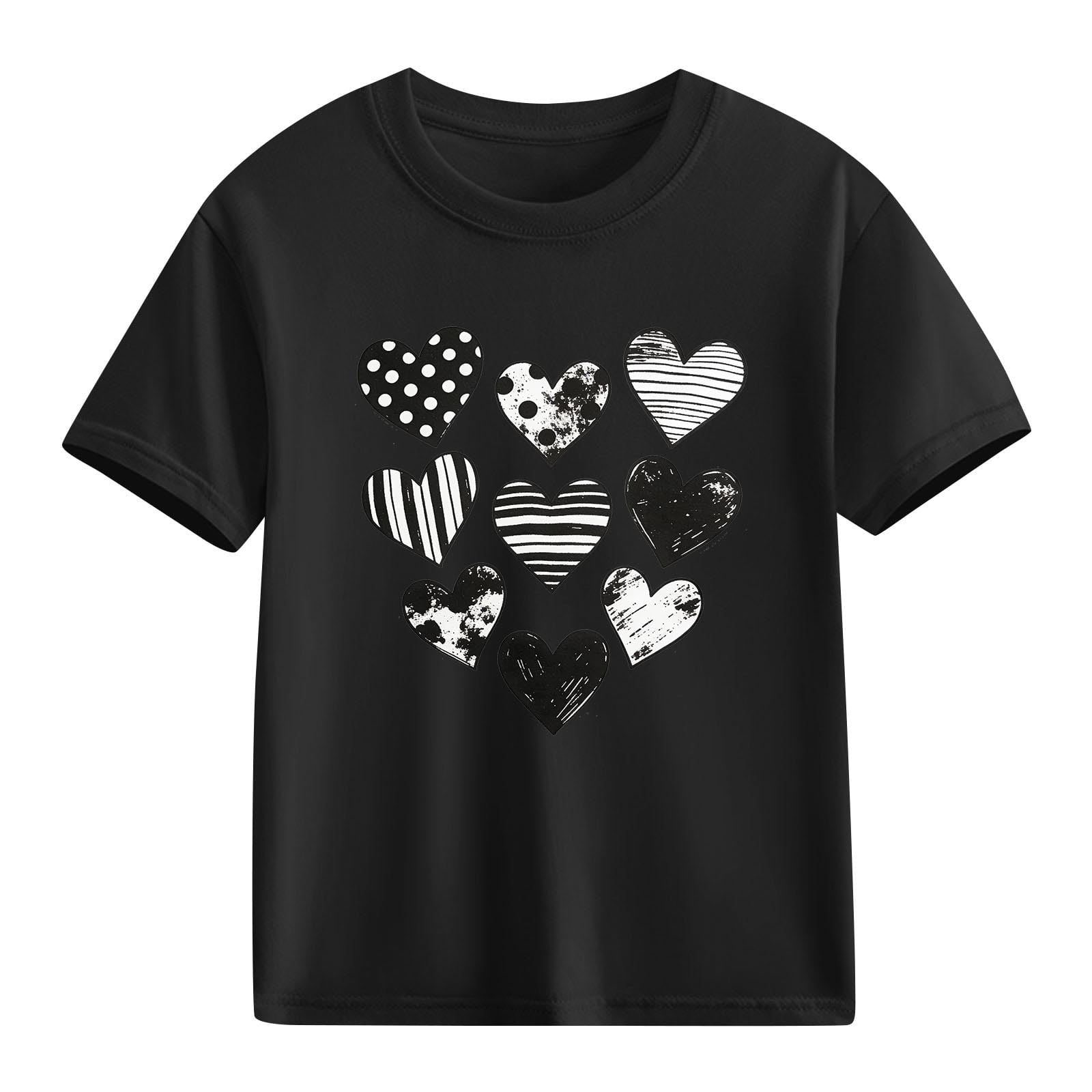 Xdegoge Kids Girls Black & White Hearts T-Shirt, Stylish Graphic Tee for Toddlers, Babies, Kids, Teens, Suitable for Valentine’s Day, Casual Wear, and Seasonal Events 3-10Y