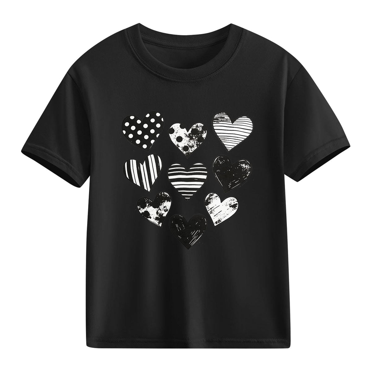 Xdegoge Kids Girls Black & White Hearts T-Shirt, Stylish Graphic Tee for Toddlers, Babies, Kids, Teens, Suitable for Valentine’s Day, Casual Wear, and Seasonal Events 3-10Y
