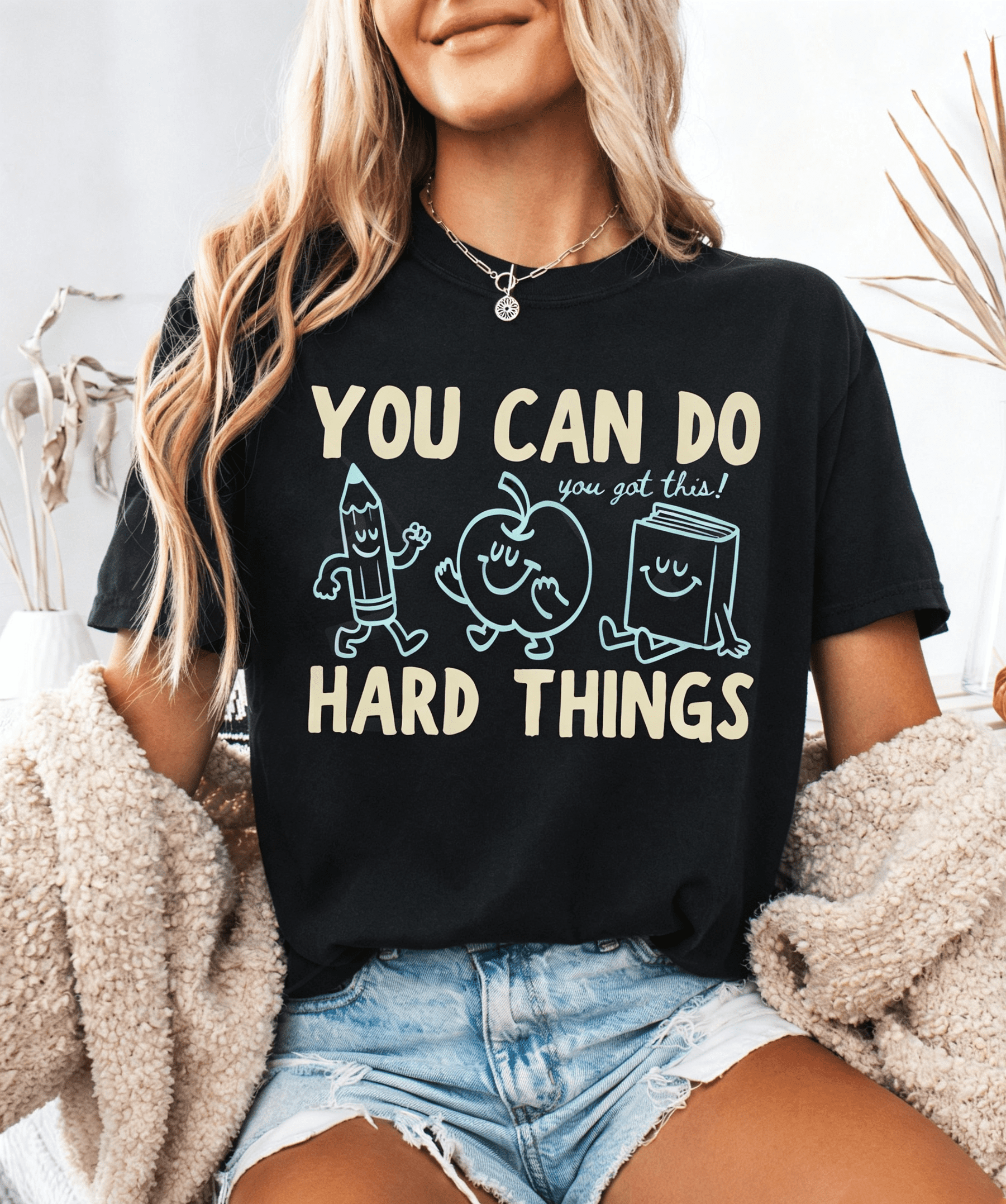 'You Can Do Hard Things' Shirt : Cute Retro Doodles 'You Got This!' Motivational Teacher Tee Casual Crewneck Short Sleeve Tee For Womens
