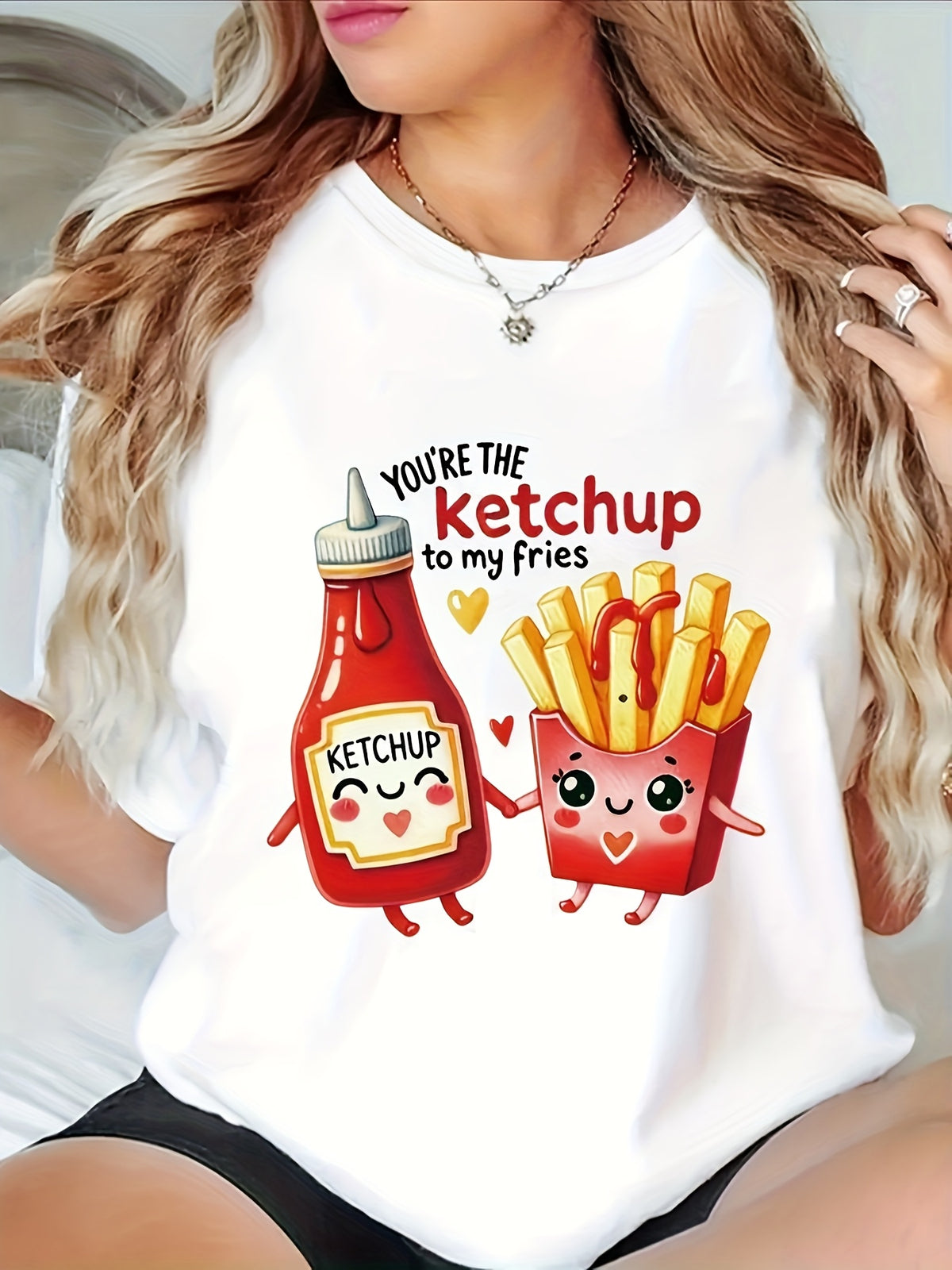 Women’s You're The Ketchup To My Fries Cute Food Cartoon Graphic Casual Short Sleeve T‑Shirt