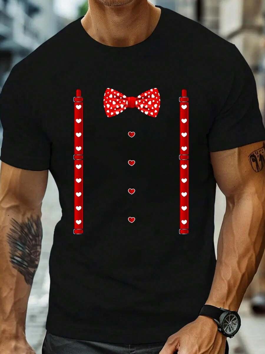 Black Cotton T-Shirt With Red Hearts Bow Tie And Suspenders Print Valentines Day Costume Graphic Tee For Men