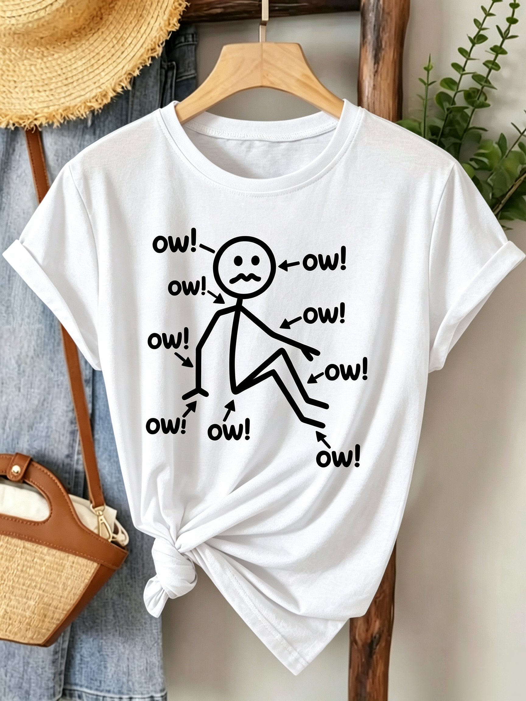 Funny OW T-Shirt for Women Relatable Stick Figure Pain Humor Graphic Top