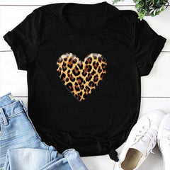 WREESH Womens Graphic Tee Valentine's Day Heart Leopard Print Shirts for 2025 Spring Summer Fashion Casual Tops Black