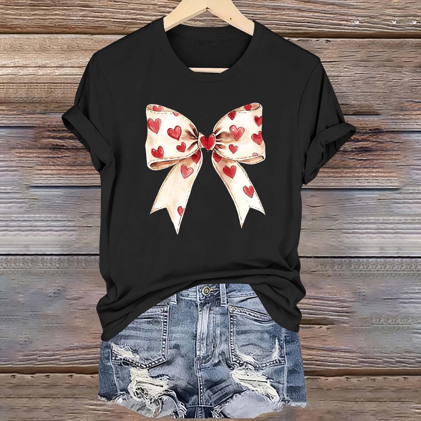 Womens Valentines Tshirts Cute Bow Valentine Day Graphic Tees Pullover Summer Short Sleeve Casual Tee Tops, L Black
