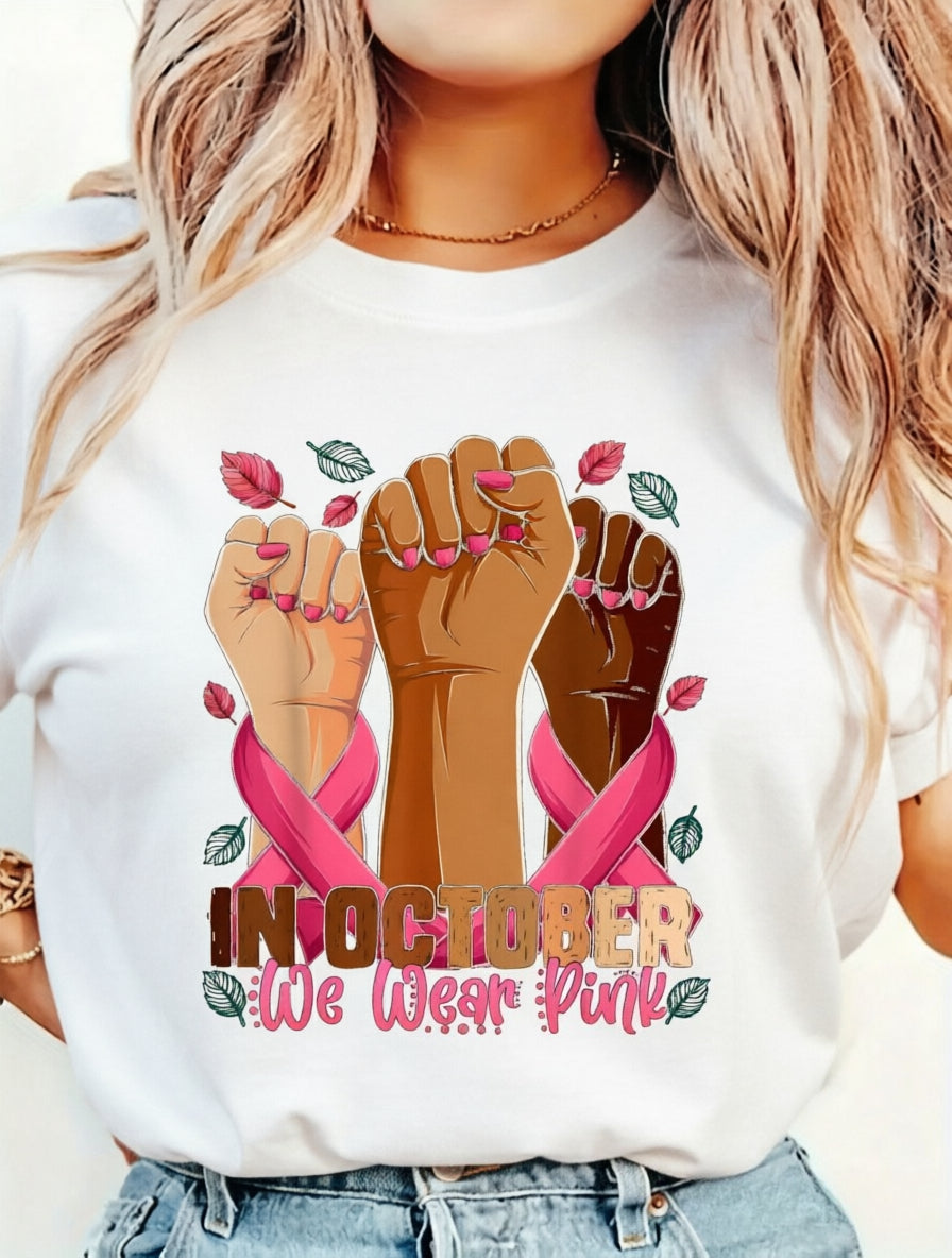 In October We Wear Pink Breast Cancer Awareness Print Short Sleeve Tee Top
