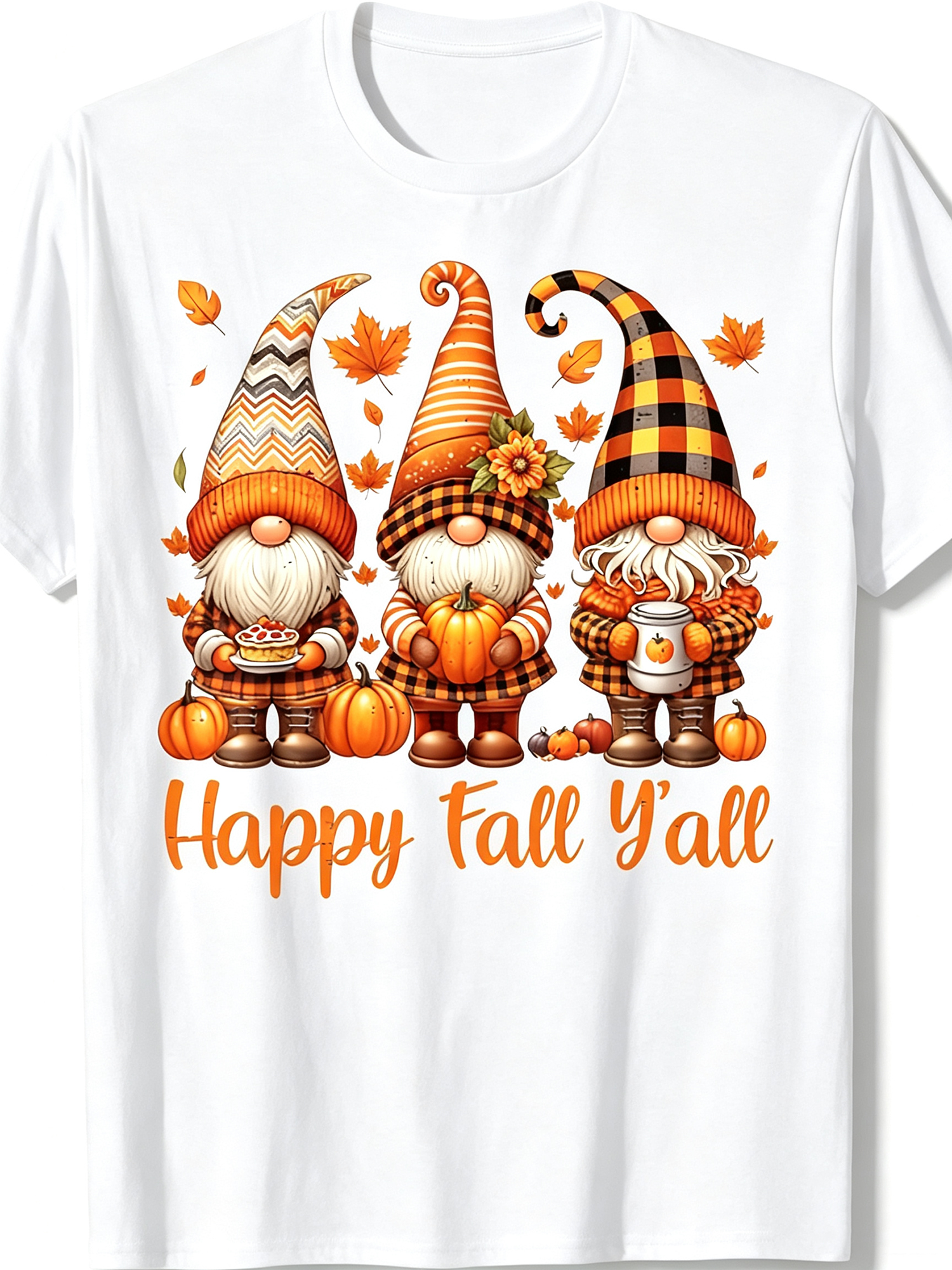 Happy Fall Y'all Three Autumn Gnomes Pumpkin Maple Leaf Graphic Casual Crewneck T‑Shirt Fall Harvest Top