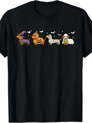 Cute Dachshund Pumpkin Dog Halloween Costume Graphic Tee for Men Women, Funny Wiener Dog Short Sleeve Unisex T-Shirt, Casual Crew Neck Top for Dachshund Lover Gift