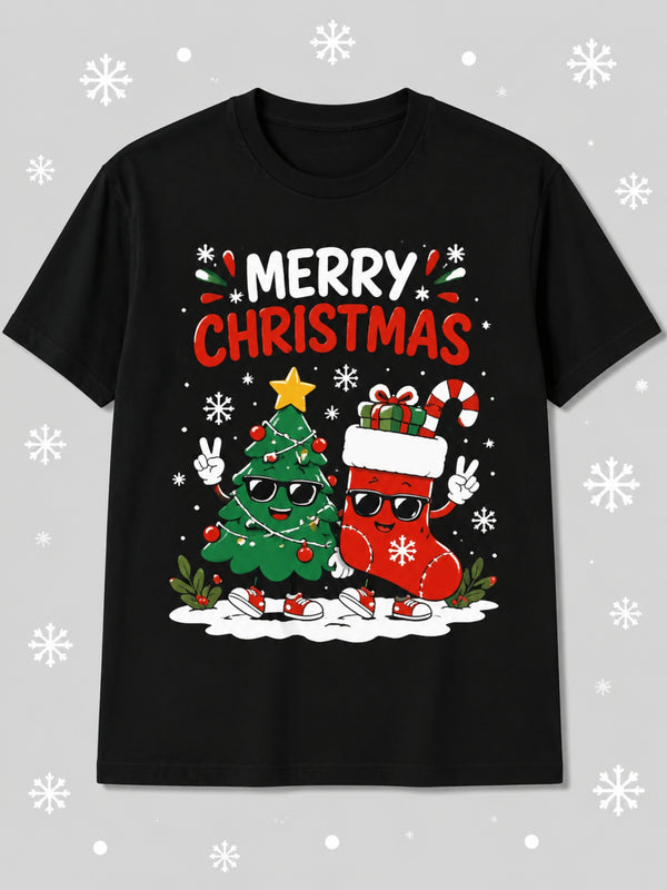 Merry Christmas Graphic T-Shirt, Funny Sunglasses Christmas Tree Stocking Holiday Casual Short Sleeve Tee