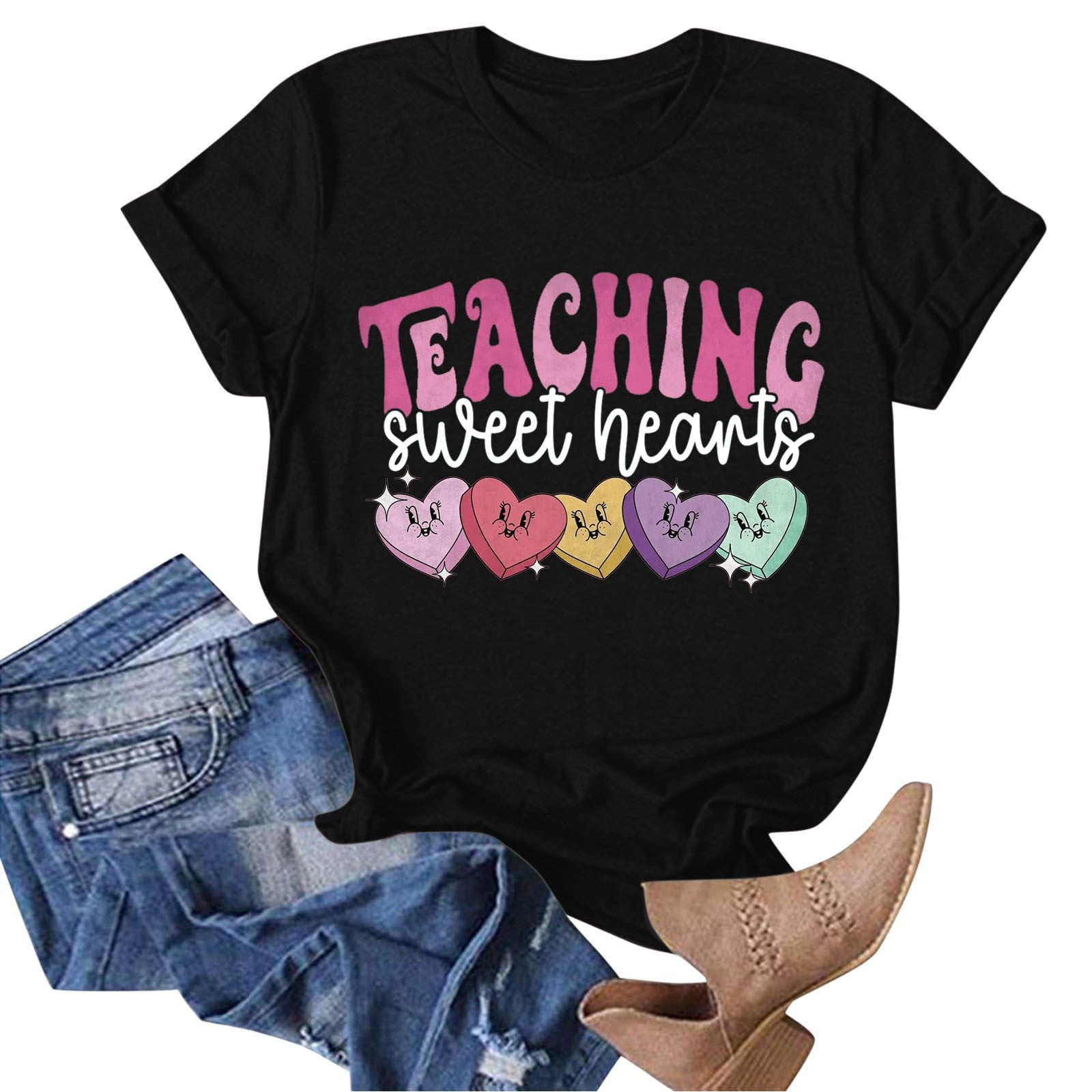 Shadoumai Women Love Heart Printed Shirts Valentine's Cute Casual Graphic T Shirts Spring Day Tops Trendy Tee