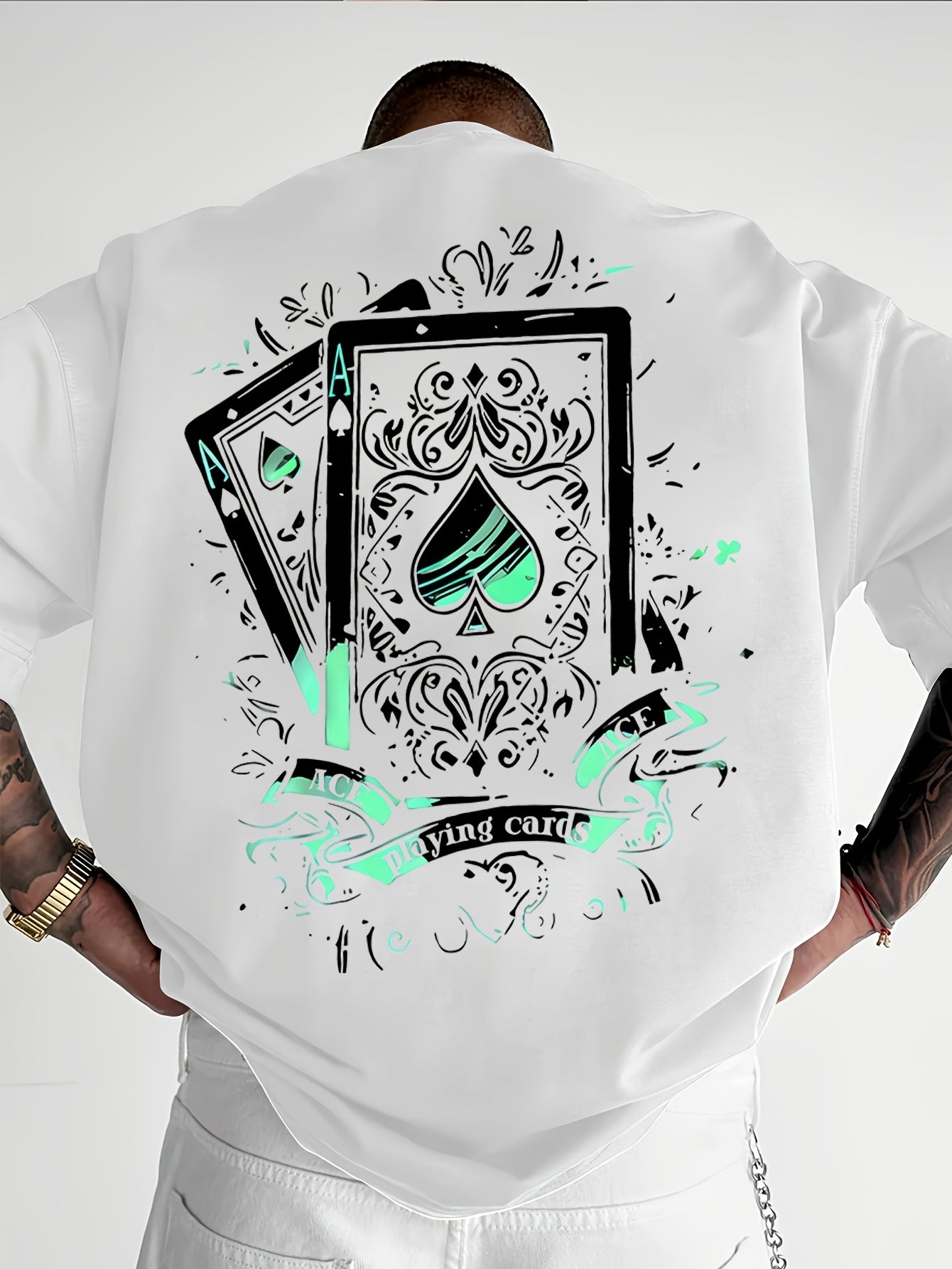 Vintage Ace of Spades Playing Card Back Graphic Print, Trendy Casual Streetwear Tee，Men Crew Neck Tshirts，Men Sportwear