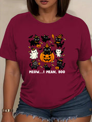 "Cat Halloween" Halloween Print T-shirt, Round-neck T-shirt, Women's Clothing, Summer T-shirt Top, Casual Loose Short-sleeved