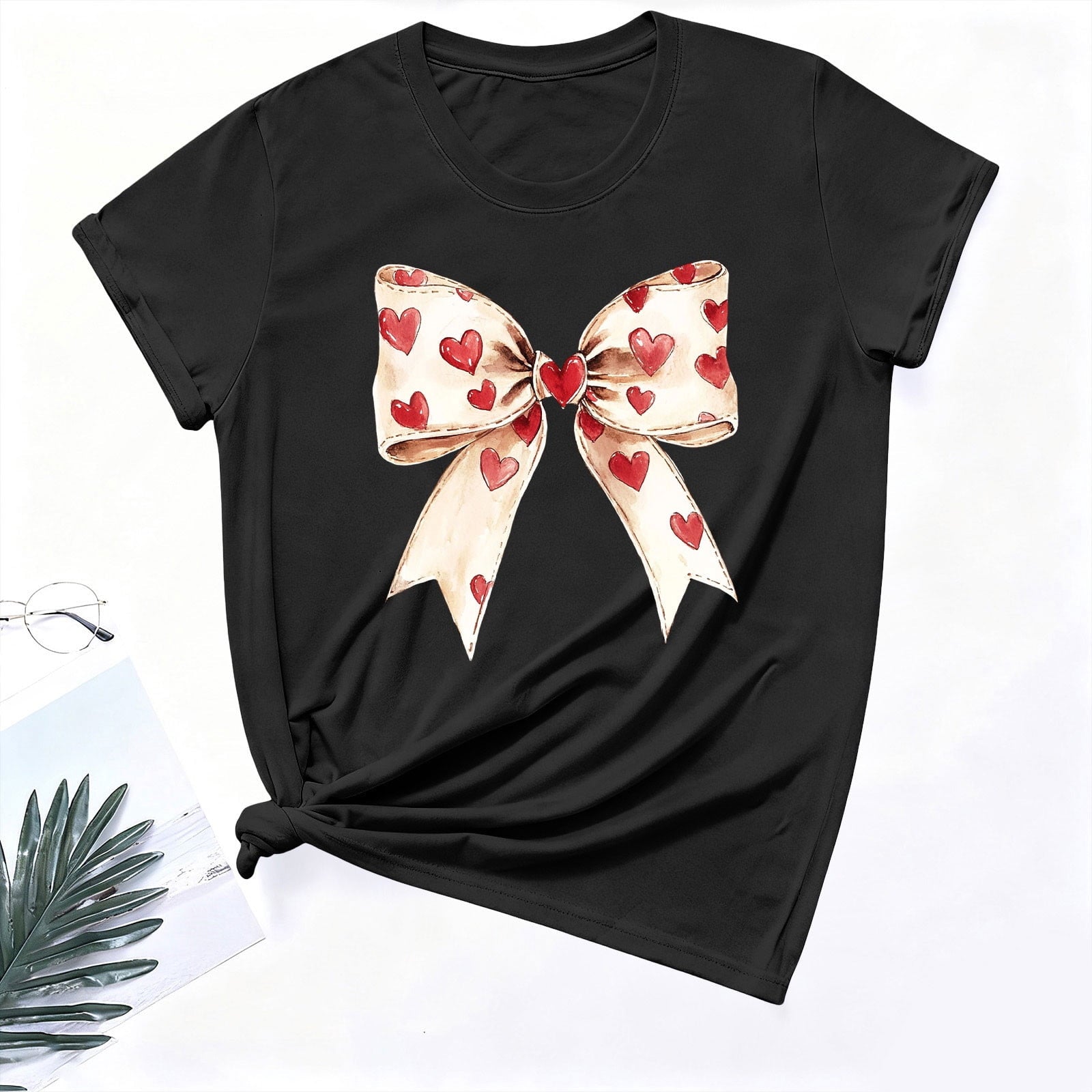 Womens Valentines Tshirts Cute Bow Valentine Day Graphic Tees Pullover Summer Short Sleeve Casual Tee Tops, L Black