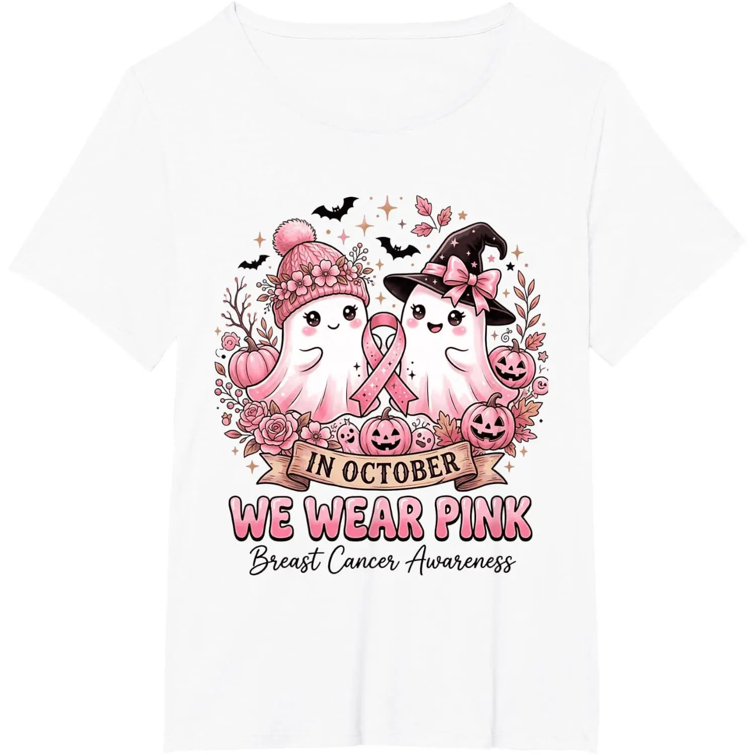 Breast Cancer Awareness Halloween Ghost T-Shirt In October We Wear Pink Graphic Tee Unisex Short Sleeve Shirt