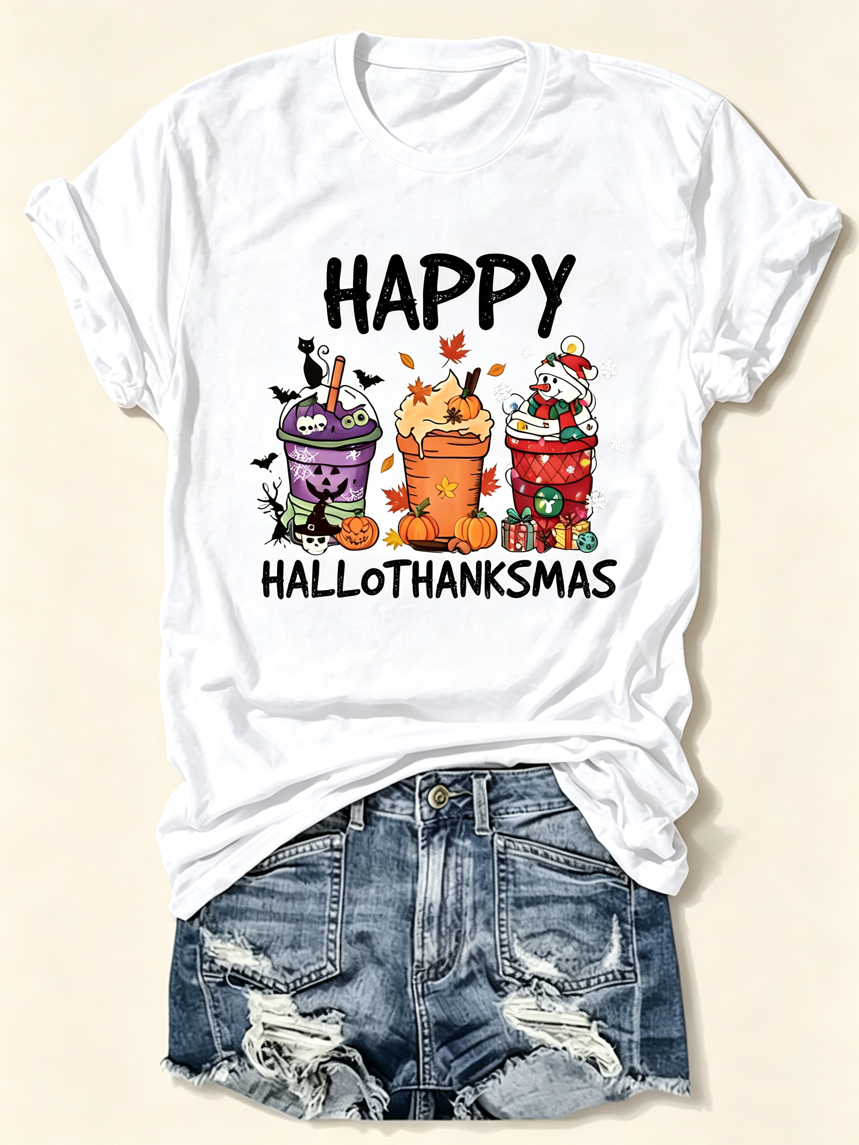 Fashion Plus Size Women's Casual T-Shirt with Halloween, Thanksgiving, and Christmas Prints Tees Tops Holiday gift For Family And Friends
