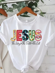 Women’s Colorful Jesus Graphic Short‑Sleeve T‑Shirt, The Way The Truth The Life Faith Religious Tshirt，Women Clothing