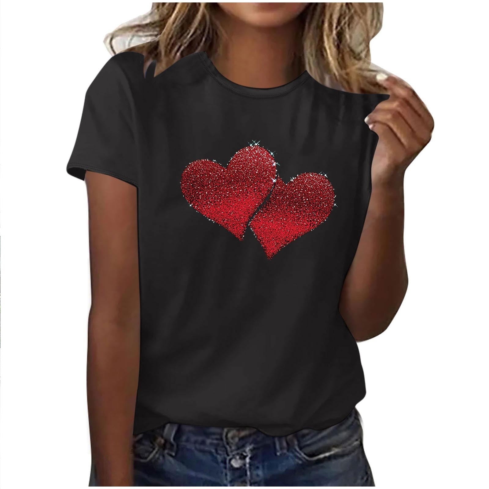 EchfiProm Womens Shirts Love Heart Graphic Tee Valentine Day Summer Short Sleeve Cute Tops for Ladies Valentine