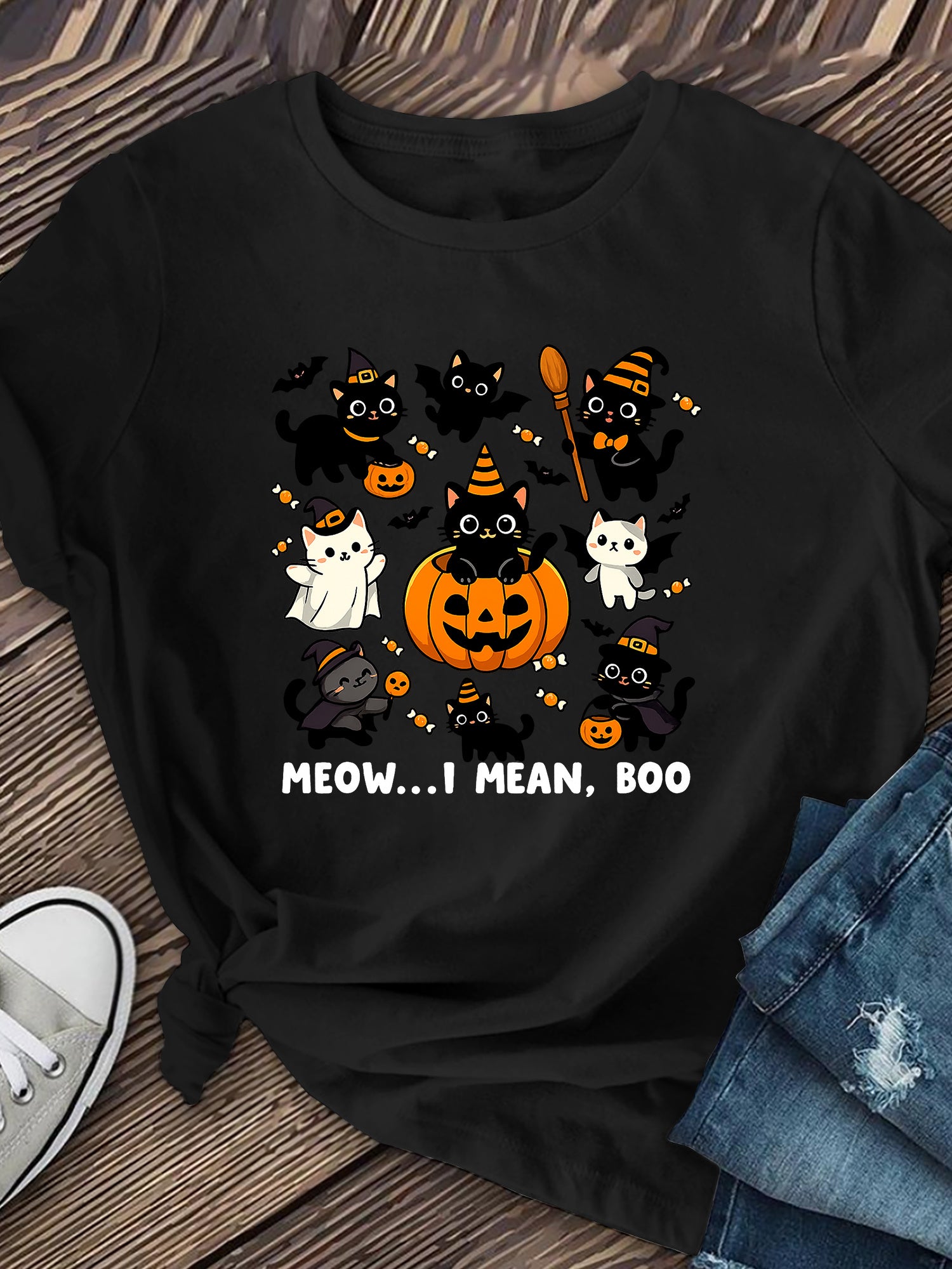 "Cat Halloween" Halloween Print T-shirt, Round-neck T-shirt, Women's Clothing, Summer T-shirt Top, Casual Loose Short-sleeved