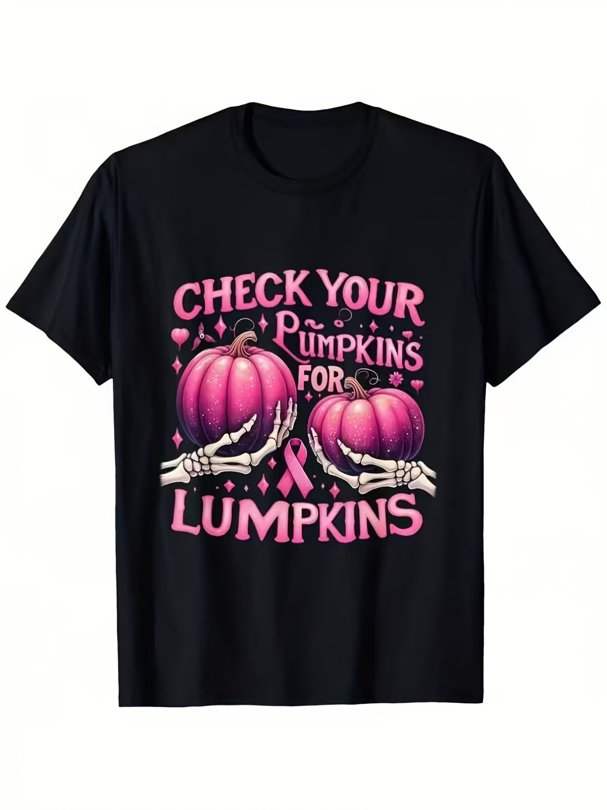 Breast Cancer Awareness Halloween Shirt Check Your Pumpkins for Lumpkins Pink Ribbon, Funny Christmas Shirts, Mens Graphic T-Shirts, Black T-Shirt