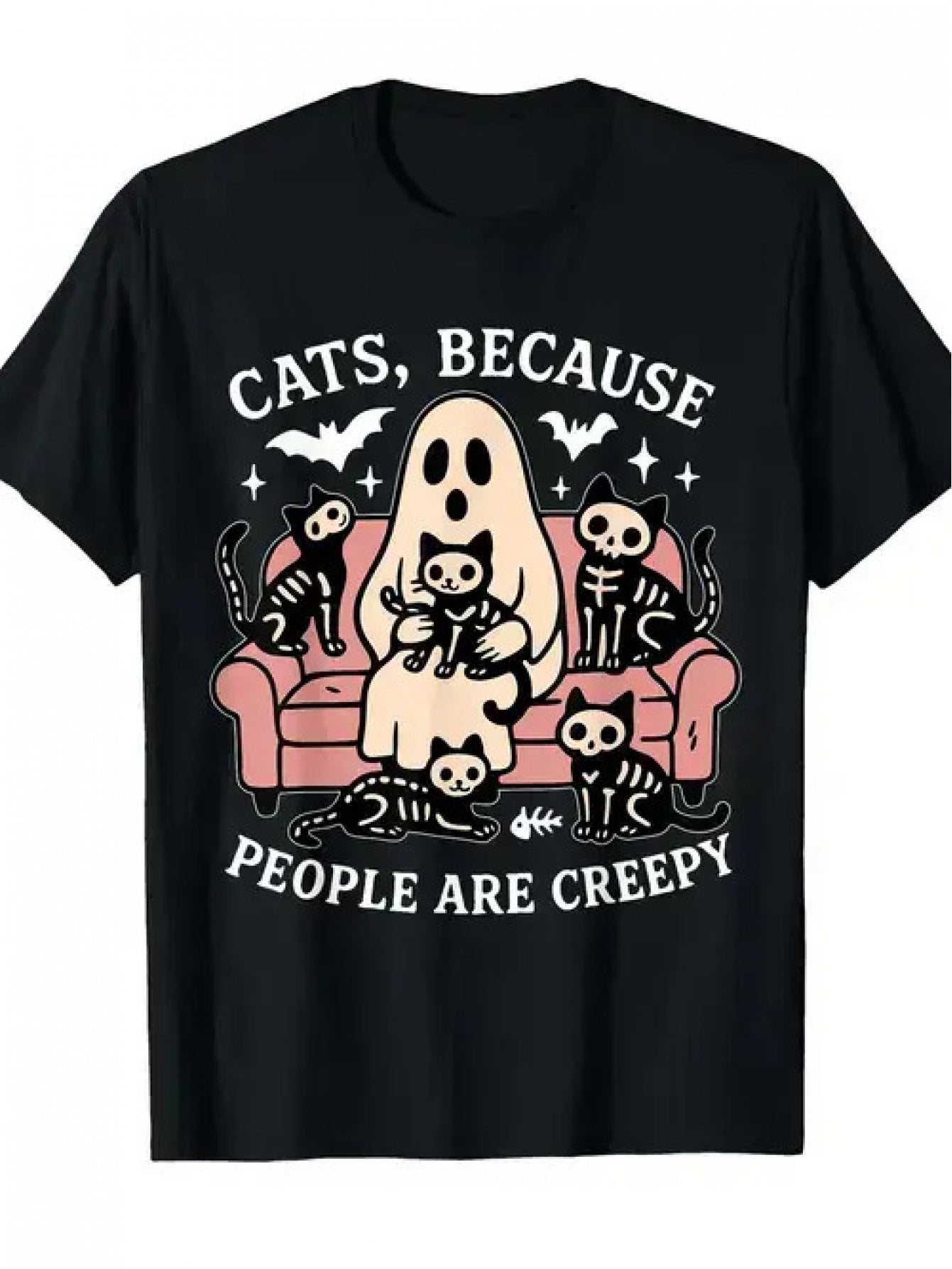 Halloween Cat T-Shirt Funny "Cats & People Are Scary" Halloween T-Shirt - Unisex Top with Ghosts & Cats for Matching Couple Outfits, Teacher Costumes, Year-Round Wear