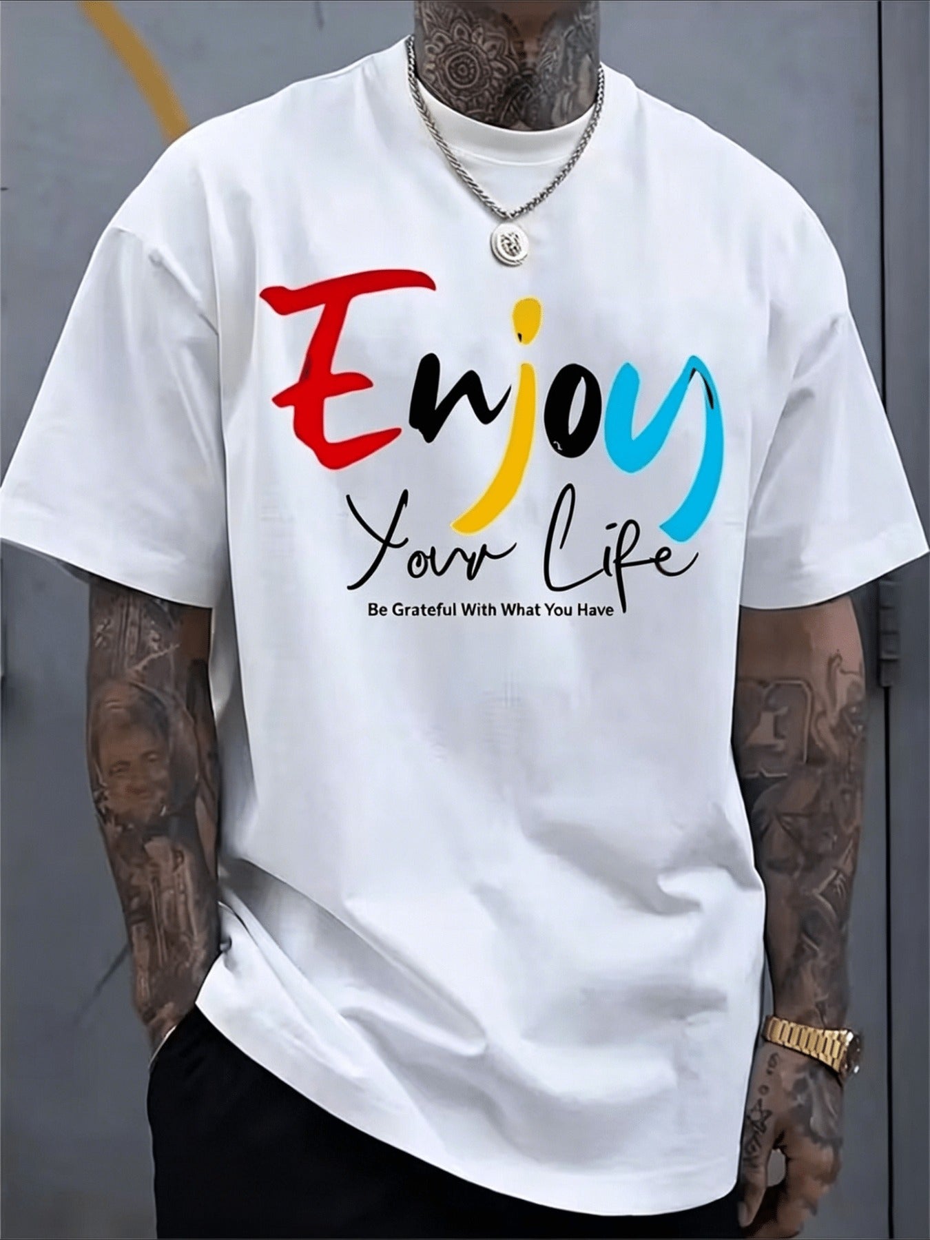 Enjoy Your Life" Text Graphic Print T-Shirt for Men, Comfortable Crew Neck Casual Short Sleeve Round Neck Top, Summer Spring Streetwear