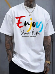 Enjoy Your Life" Text Graphic Print T-Shirt for Men, Comfortable Crew Neck Casual Short Sleeve Round Neck Top, Summer Spring Streetwear