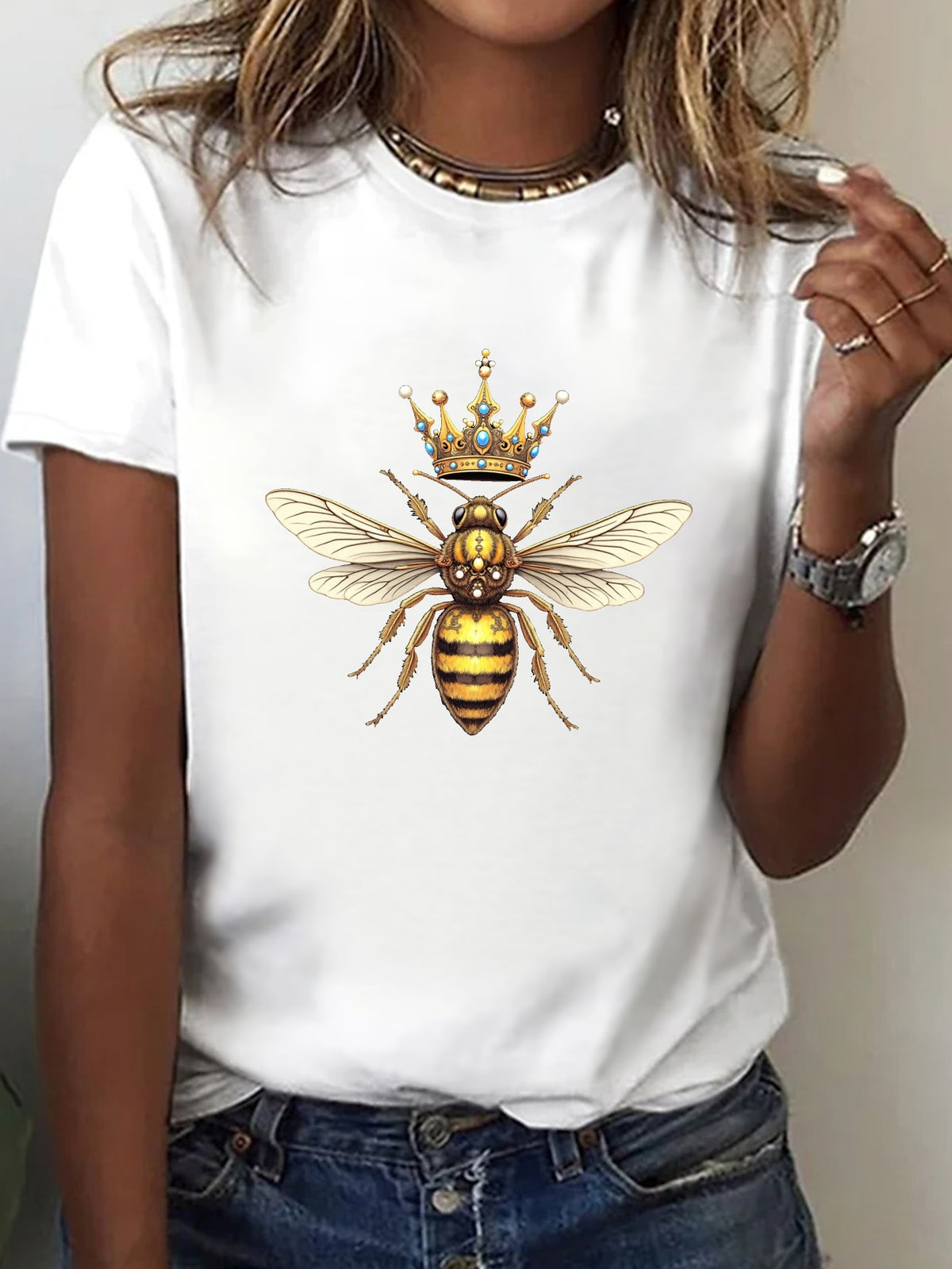 Royal Bee Print Short Sleeve Tee Spring Summer Crew Neck Casual Top