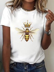 Royal Bee Print Short Sleeve Tee Spring Summer Crew Neck Casual Top