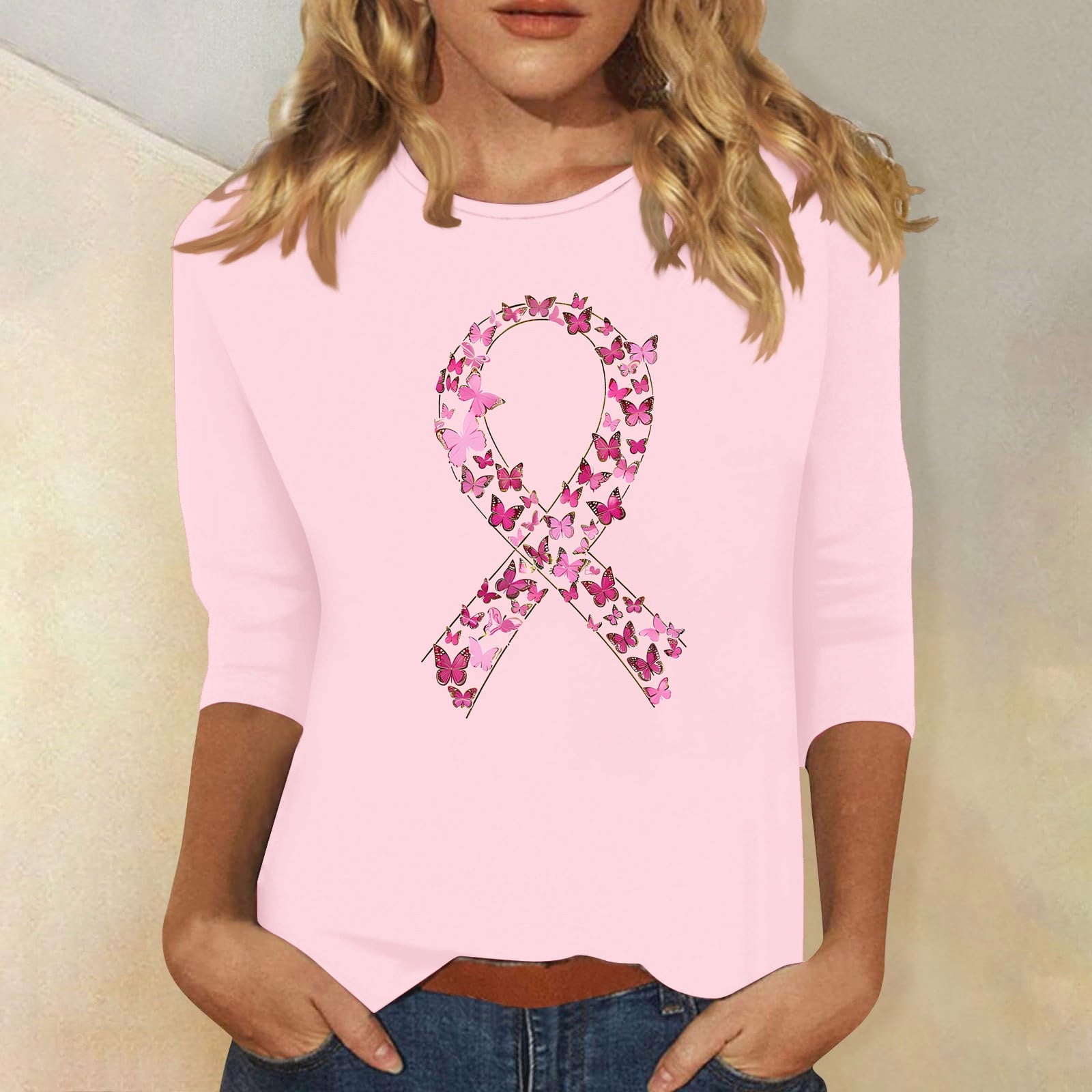 VKOYWKM Breast Cancer Awareness Shirts for Women Breast Cancer 3/4 Sleeve Tops Pink Ribbon Graphic Tee Breast Cancer Survivor Shirt