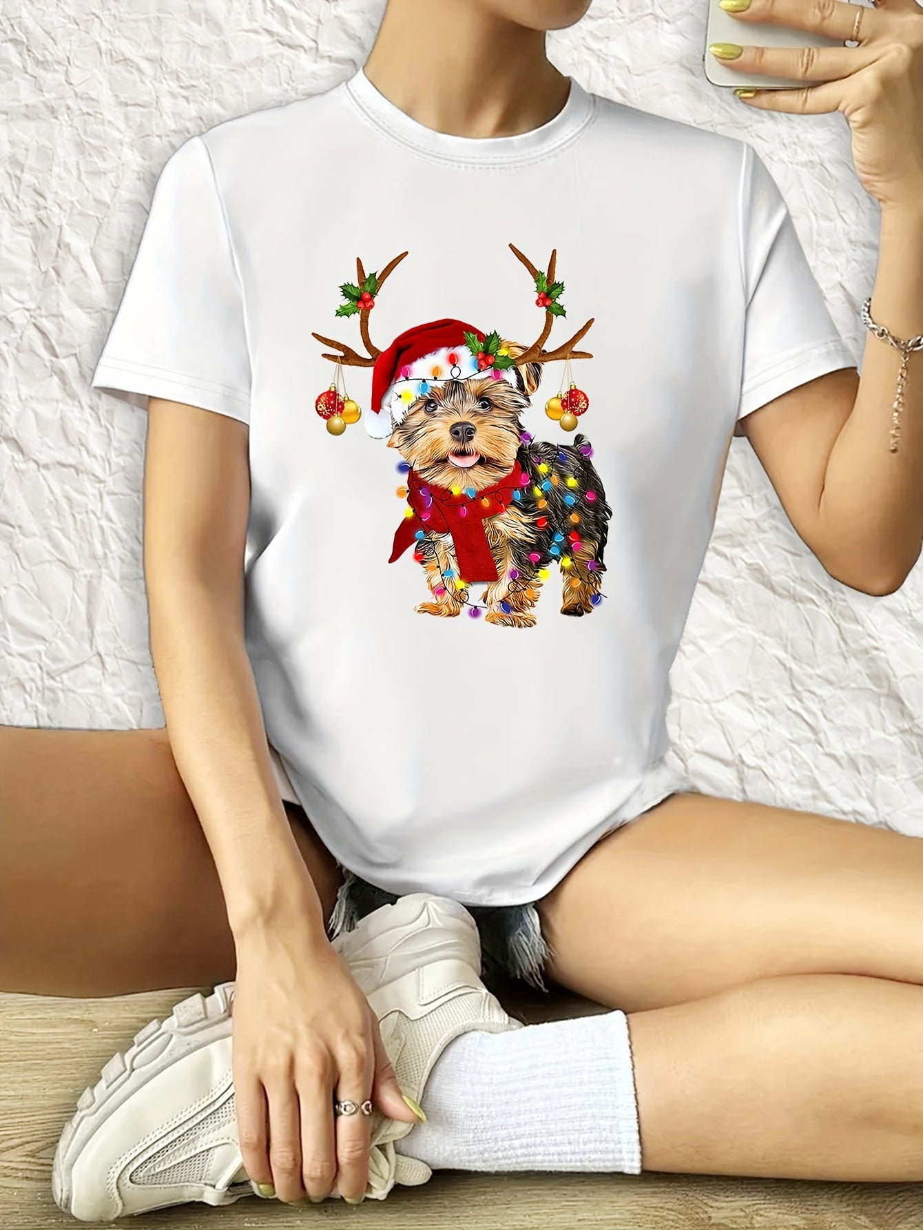 Christmas Yorkshire Terrier T-Shirt, Reindeer Dog Holiday Lights Graphic Tee, Unisex Cotton Crew Neck Short Sleeve Top