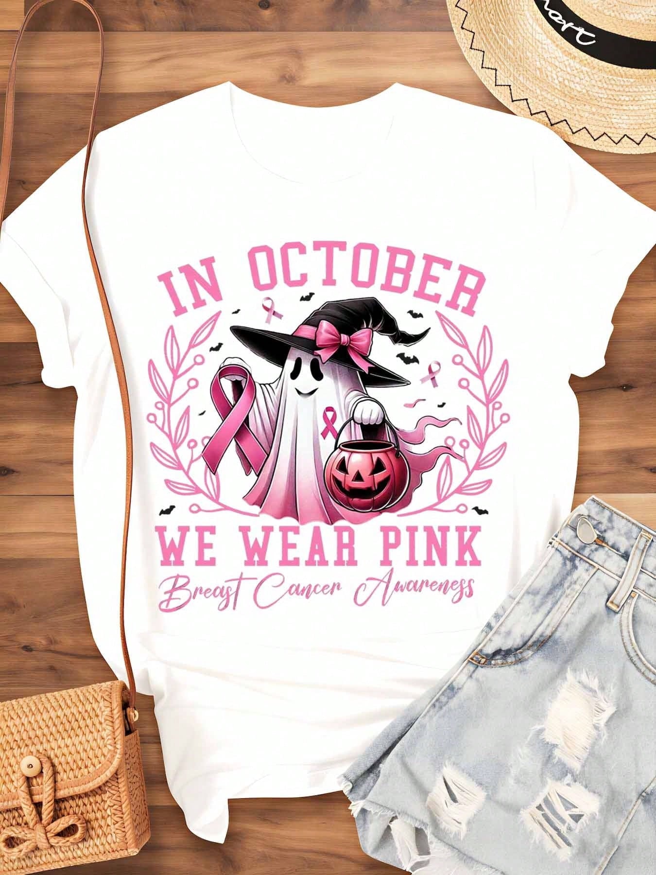 In October We Wear Pink Breast Cancer Awareness Halloween Ghost Witch Shirt Women Funny Autumn Festival Graphic Tee Top
