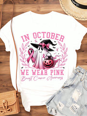 In October We Wear Pink Breast Cancer Awareness Halloween Ghost Witch Shirt Women Funny Autumn Festival Graphic Tee Top