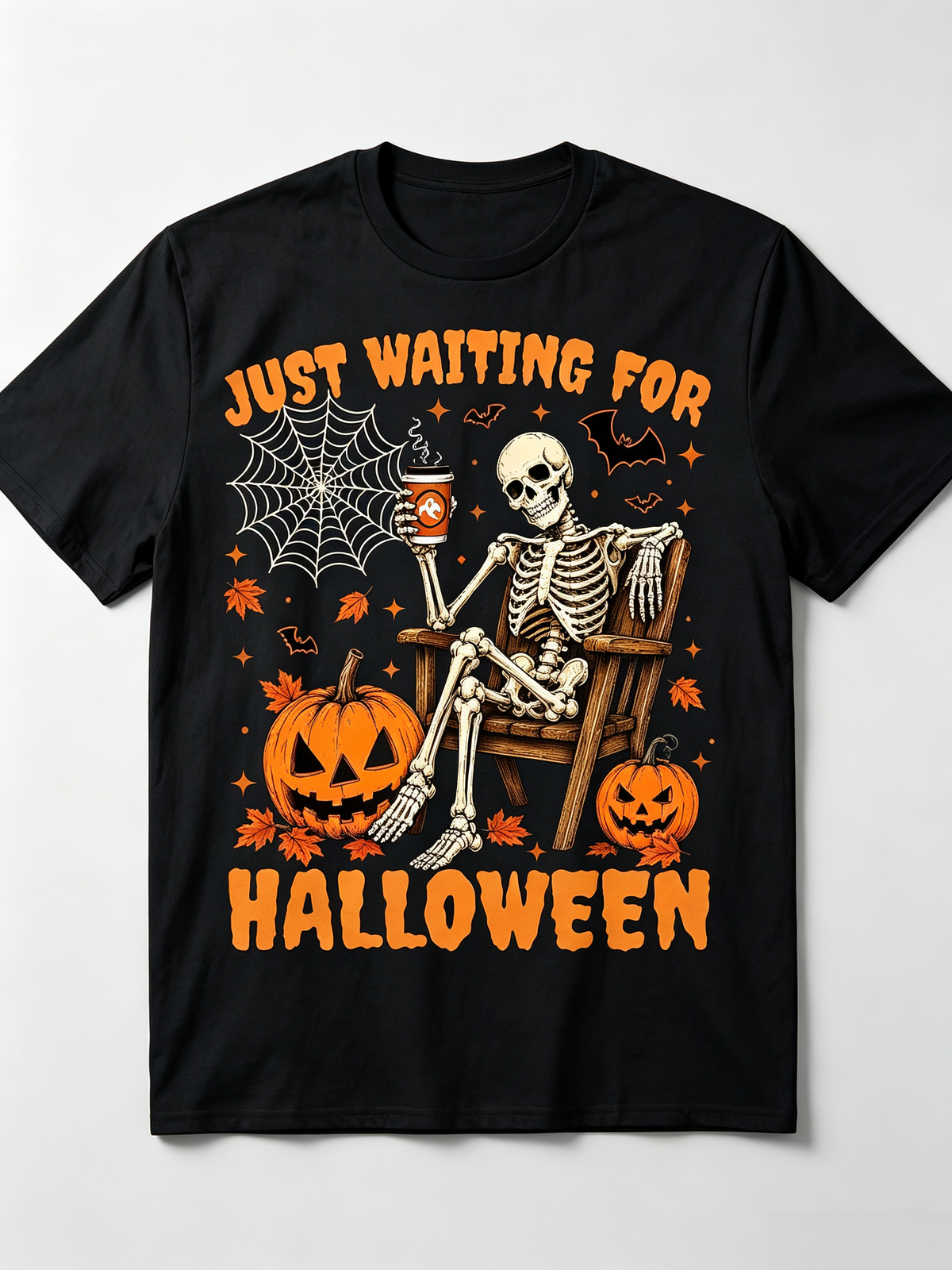 Just Waiting For Halloween Skeleton T-Shirt Funny Spooky Season Pumpkin Bat Graphic Tee