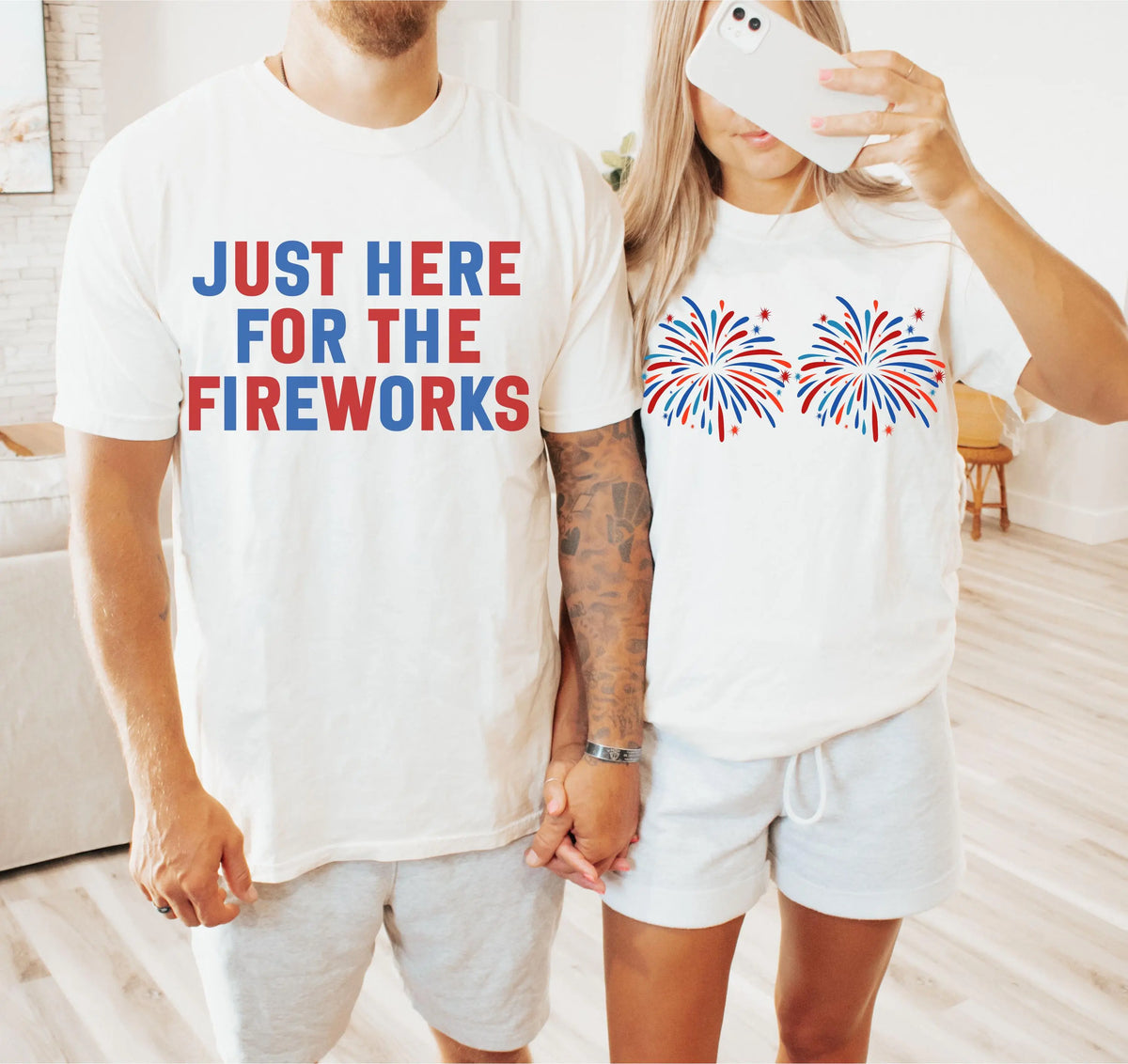 Couple Matching 4th of July Graphic T‑Shirts, Just Here for the Fireworks Funny Patriotic Tees, Adult Men Women Independence Day Short Sleeve Shirts