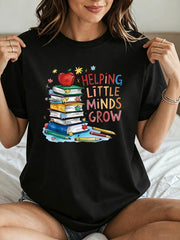 'Helping Little Minds Grow' TShirt - Apple Print & Book Short Sleeve Top, Round Neck Casual Shirt Suitable for Educators Gifts
