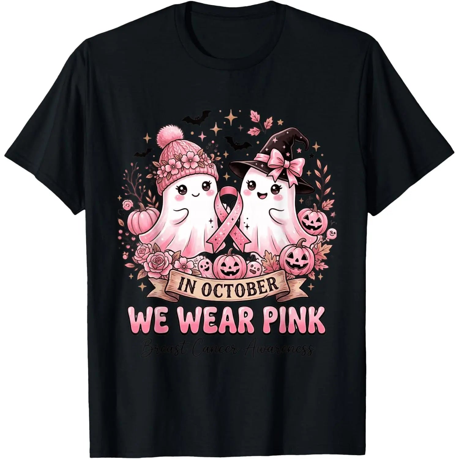 Breast Cancer Awareness Halloween Ghost T-Shirt In October We Wear Pink Graphic Tee Unisex Short Sleeve Shirt