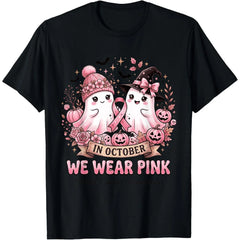 Breast Cancer Awareness Halloween Ghost T-Shirt In October We Wear Pink Graphic Tee Unisex Short Sleeve Shirt
