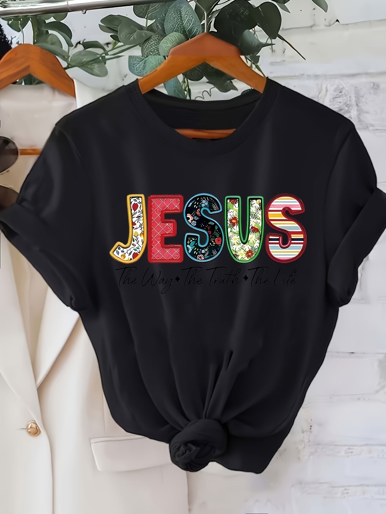 Women’s Colorful Jesus Graphic Short‑Sleeve T‑Shirt, The Way The Truth The Life Faith Religious Tshirt，Women Clothing