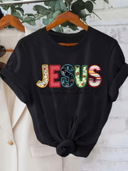 Women’s Colorful Jesus Graphic Short‑Sleeve T‑Shirt, The Way The Truth The Life Faith Religious Tshirt，Women Clothing