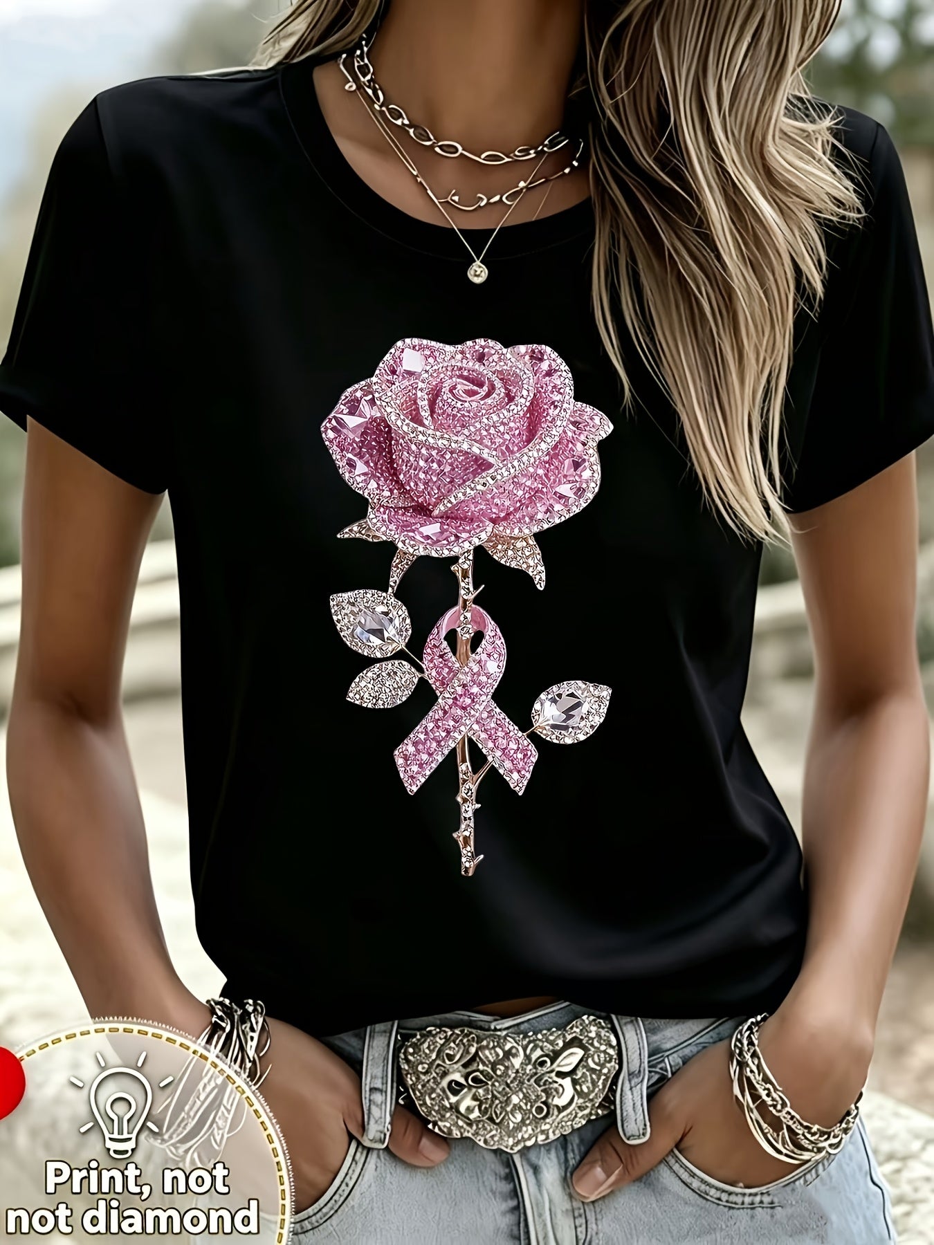 Women Pink Rose Pink Ribbon Awareness Graphic T‑Shirt, Crew Neck Short‑Sleeve Printed Casual Tee, No Real Rhinestones, Daily & Outdoor Top