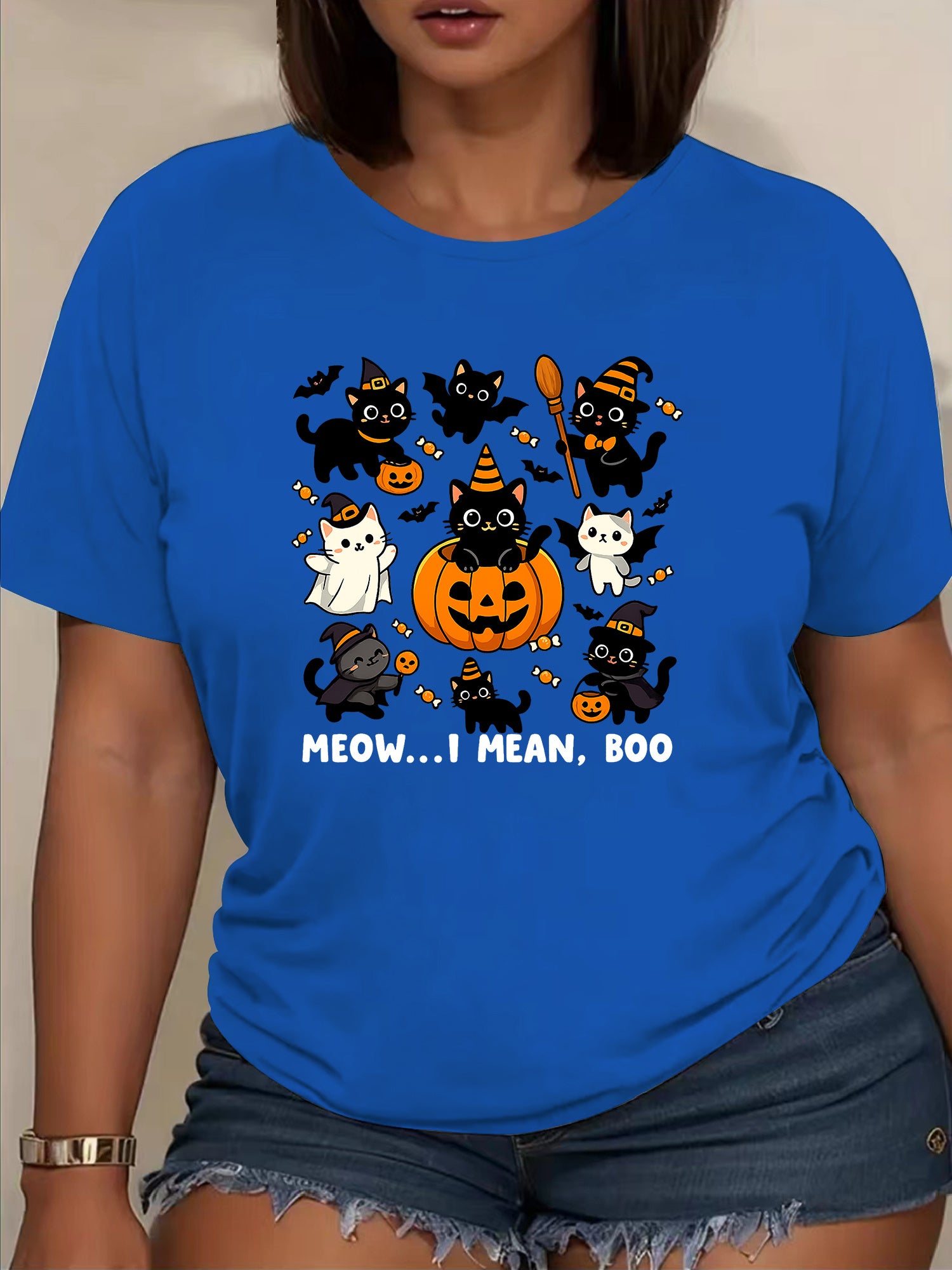 "Cat Halloween" Halloween Print T-shirt, Round-neck T-shirt, Women's Clothing, Summer T-shirt Top, Casual Loose Short-sleeved